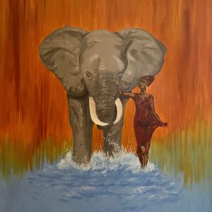 Elephant and woman walking through water