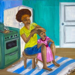 Mother pressing daughter's hair