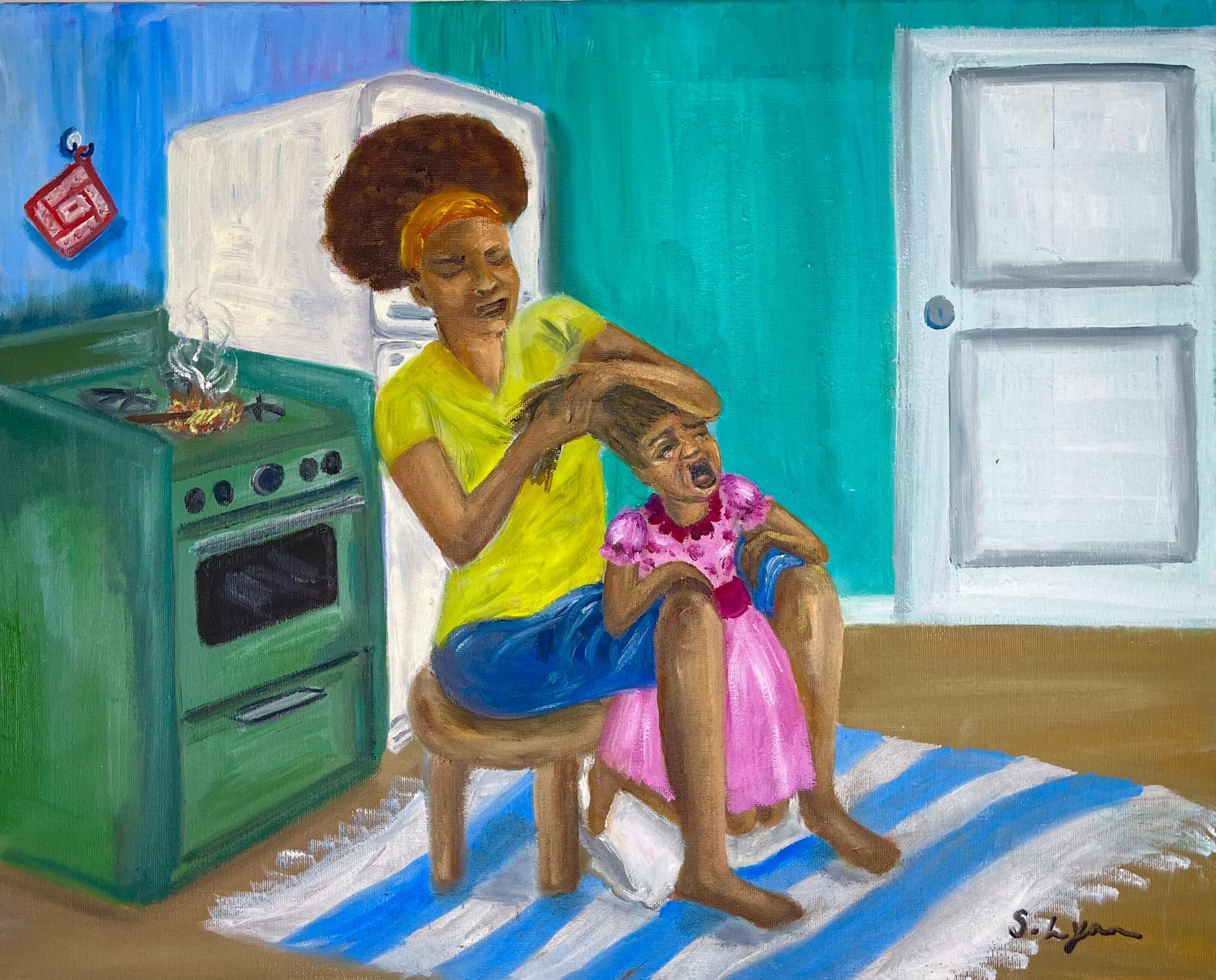 Mother pressing daughter's hair